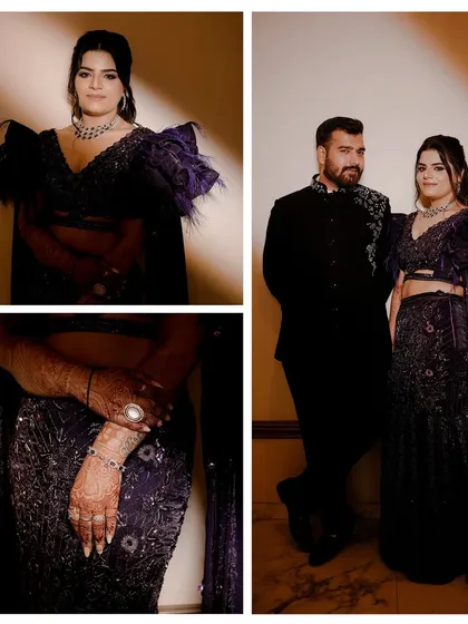 We pay attention to the details that make your Sangeet look special. This collage showcases the couple's stunning coordinated outfits, including close-ups of the intricate embroidery and the bride's henna-adorned hands.