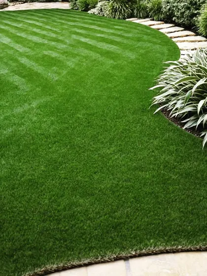 A close-up of a perfectly manicured lawn with a curved stone edge. The dense, healthy turf is a testament to our quality installation and maintenance.