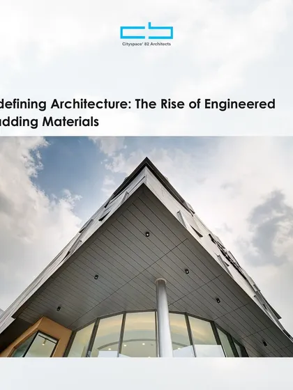 A title card for a series on engineered cladding materials. The image shows a low-angle shot of a building with a metal-clad corner, emphasizing its clean lines and modern form.