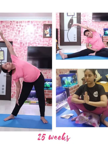 A beautiful home practice at 25 weeks, using pillows for support in a deep squat.