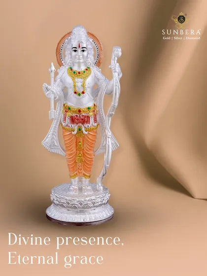 We present this magnificent Lord Ram idol, crafted from pure silver with delicate color accents. The sharp features and serene expression are a testament to our electroforming process, creating a divine presence for your home or office space.
