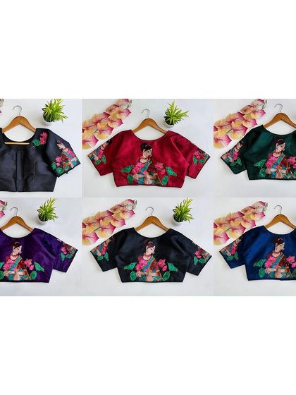 A collage showing the six different colors available in my printed pure silk blouse collection.