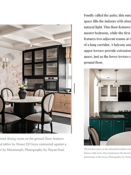 A press feature of the informal dining room and kitchen at Riviera Maison, highlighting the mix of custom furniture and bold color choices.