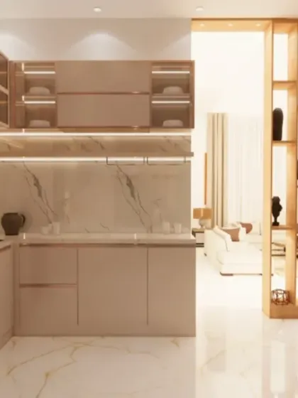 A render of a tall, glass-fronted crockery unit with internal lighting, designed to be a statement piece in a dining or living area.