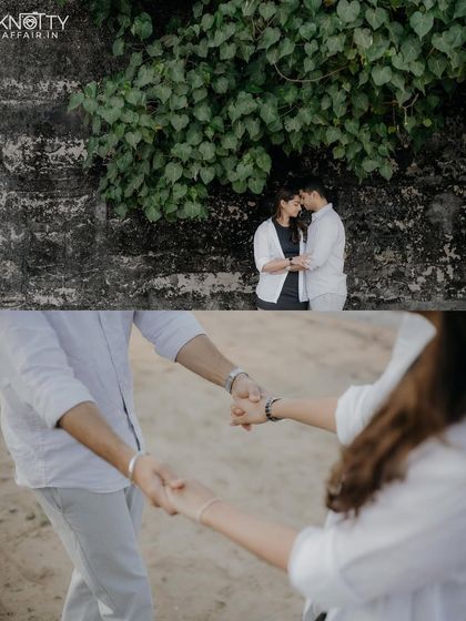 A diptych combining a wide shot of the couple under the leaves with a close-up of their hands. This pairing tells a story of both the setting and the intimate details.