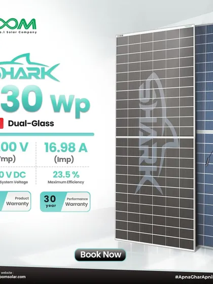 This graphic details the specifications of the SHARK 730 Wp HJT Dual-Glass panel. It comes with a 15-year product warranty and a 30-year performance warranty, guaranteeing long-term value and peace of mind.