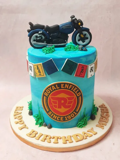 For the adventurer, our Royal Enfield Cake features a detailed motorcycle replica, the brand's logo, and Tibetan prayer flags.