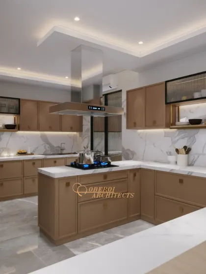 The warm brown cabinet option, which creates an earthy and inviting atmosphere when paired with the white marble countertops and backsplash.