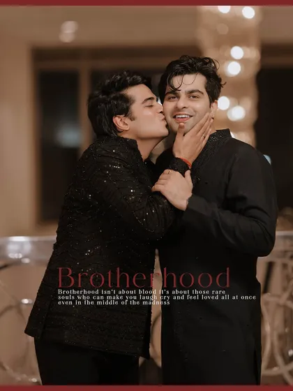 Family bonds come in many forms, and we celebrate them all. This photograph from a Roka ceremony captures a moment of affection and brotherhood, an important part of the family's story.