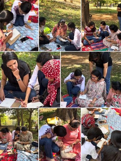 This collage captures the focused and collaborative energy of our outdoor art meetup. Participants are seen sketching and painting together on picnic blankets, sharing a creative experience under the trees.