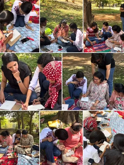 This collage captures the focused and collaborative energy of our outdoor art meetup. Participants are seen sketching and painting together on picnic blankets, sharing a creative experience under the trees.
