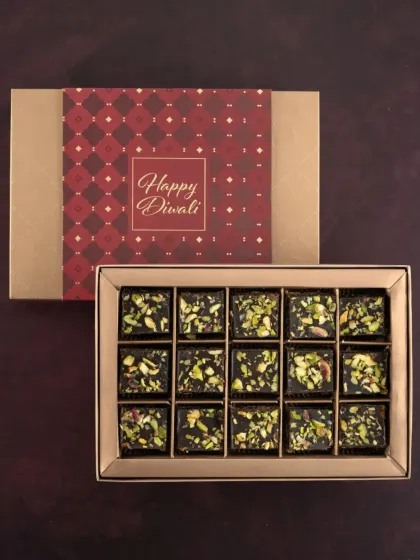 This Diwali, gift a box of our Kunafa Crunch chocolates. They are handmade, eggless, contain no added sugar, and are loaded with crunchy pistachios.