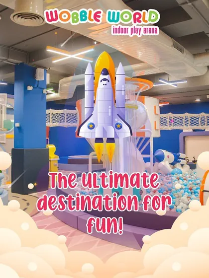Blast off into fun! This graphic highlights our space shuttle theme, making our play arena an ultimate destination for adventure.