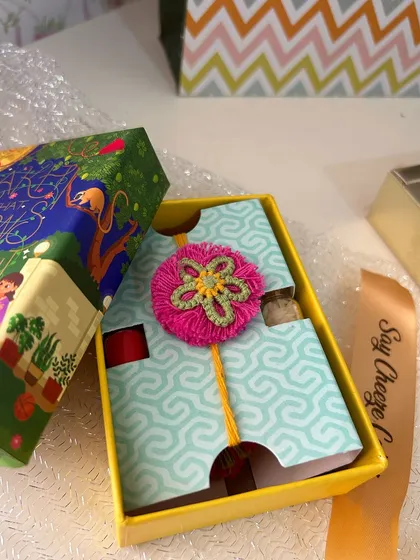 This hamper features an eco-friendly, plantable Rakhi, reflecting my commitment to sustainability in all my gift packages.