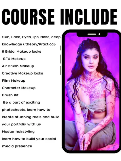 This graphic details what's included in our 2-month pro makeup course, from bridal and SFX makeup to portfolio building and social media skills.