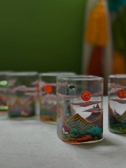 "Mountains calling." My 'Pahari' chai mugs feature a serene mountain landscape, perfect for anyone who dreams of the hills.