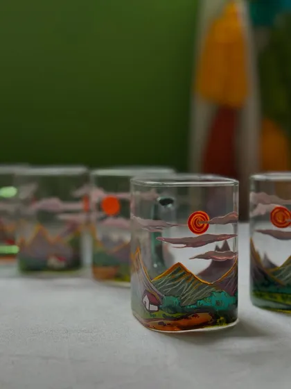 "Mountains calling." My 'Pahari' chai mugs feature a serene mountain landscape, perfect for anyone who dreams of the hills.