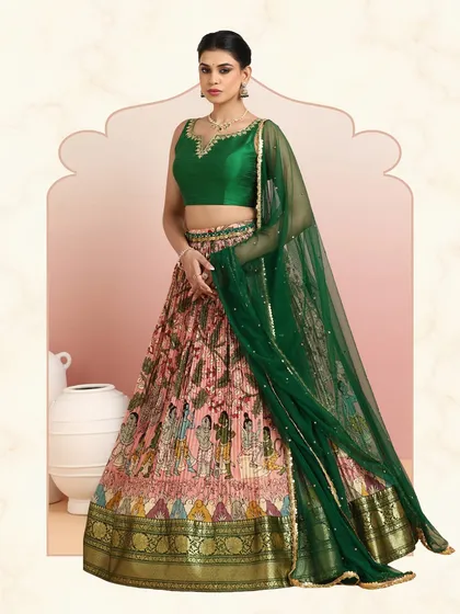 The full ensemble with the dupatta elegantly draped, framed to highlight its artistic appeal. This is a true celebration of heritage.