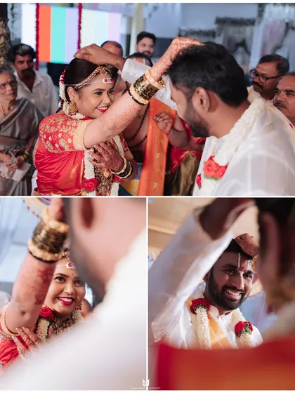 This collage captures the joyful and interactive rituals of a South Indian wedding, showing the couple's happy expressions throughout the ceremony.