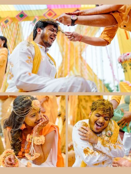 A collage showing the playful moments of friends and family applying Haldi, full of laughter and teasing.