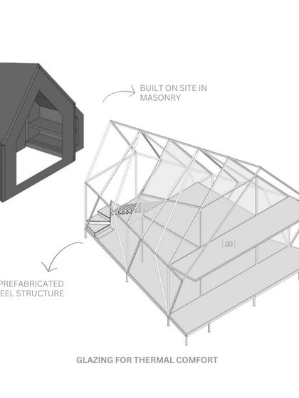 An exploded axonometric drawing showing the prefabricated steel structure and the on-site masonry core of the "Parasite" home, designed for efficient assembly and eventual dismantling.