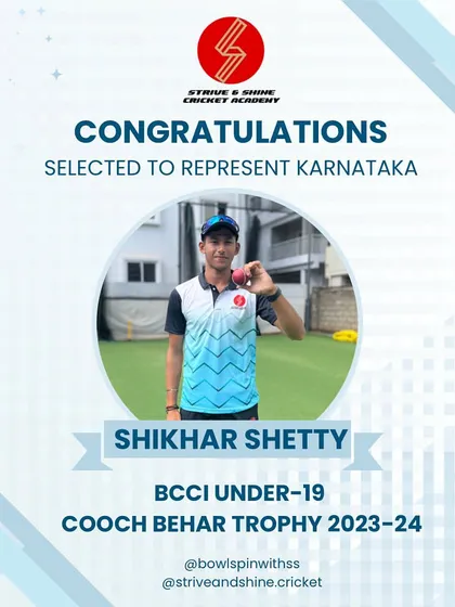 Shikhar Shetty, our shining talent, representing Karnataka in the U-19 Cooch Behar Trophy. The entire academy stands behind him with immense pride.
