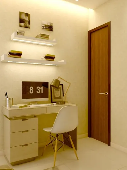 A 3D concept for a compact study corner within a bedroom. The floating shelves with integrated LED lighting are both functional and stylish, providing space for books and decor without cluttering the desk.
