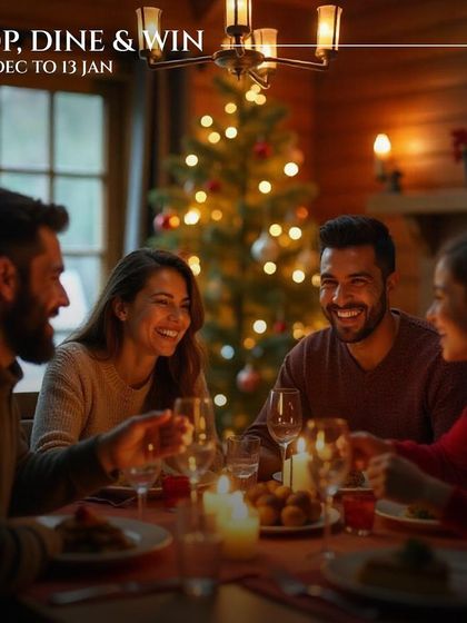 A cozy 'Shop, Dine & Win' scene, promoting our holiday offers. We encourage guests to enjoy festive meals and shopping with the chance to win exciting prizes.