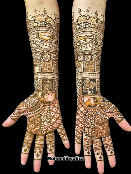 A royal bridal henna design with portraits of the couple, their wedding date, and other traditional motifs, creating a truly regal look.