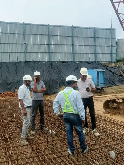 On-site at the TCI Express World Centre in Gurugram. Our team is seen here inspecting the rebar framework before a concrete pour, ensuring that the structural foundation is executed according to our precise design specifications.
