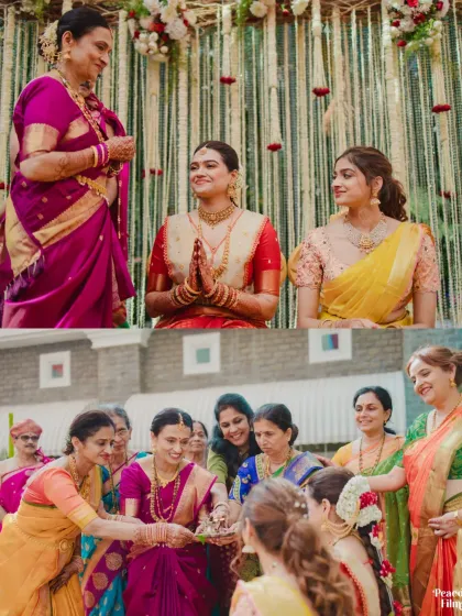 A collage of beautiful moments from a South Indian wedding, capturing the blessings from elders and the joyful participation of family.