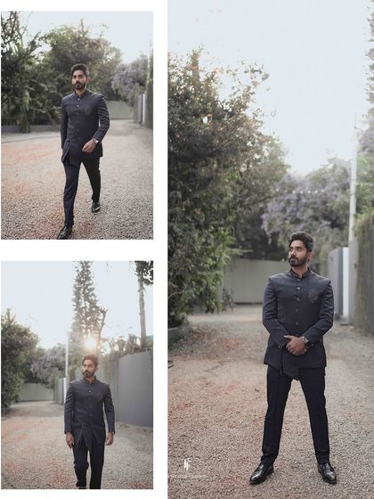 A collage of the groom in a stylish blue suit, captured in a series of dynamic and confident poses during his engagement shoot.