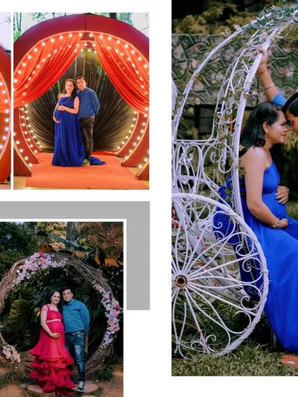 This collage showcases the variety of themed sets I offer. You can see the light tunnel, the Cinderella carriage, and a rustic floral wreath, all available for your shoot.