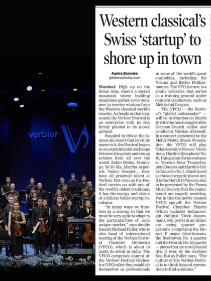 The Times of India featured the Verbier Festival Chamber Orchestra's concert in Mumbai, presented by our foundation. The article highlights the ensemble's status as one of the world's great youth orchestras.