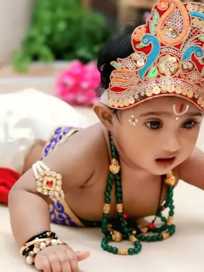 A baby dressed as Krishna during a tummy time pose, showing off his strength and adorable costume.
