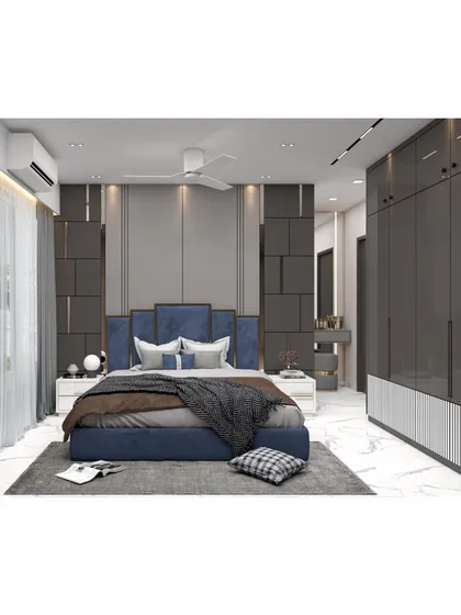 A second angle of the grey and blue bedroom render. This view shows the full layout, including the ample wardrobe space and the way natural light from the window interacts with the room's cool tones.