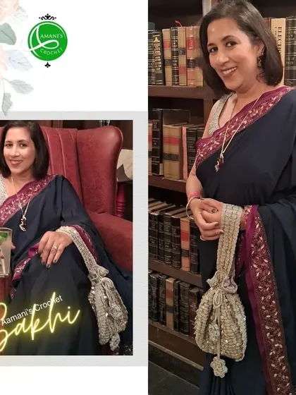 A beautiful patron carrying our sequined party potli, the perfect accessory to complement her elegant saree. Our creations are designed to complete your look with a touch of handmade charm.