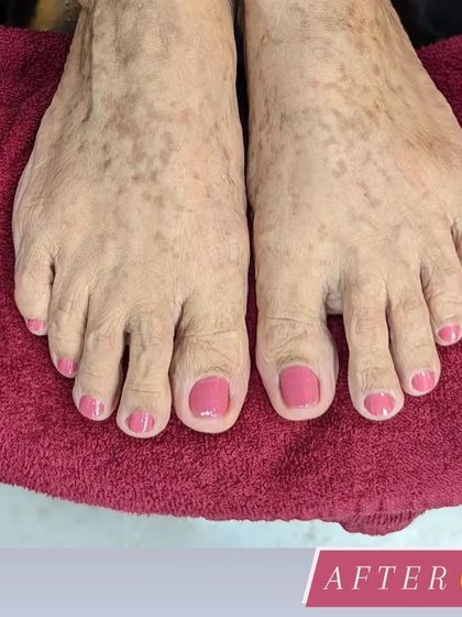 The beautiful result of our classic pedicure service. After thorough cleaning, shaping, and care, we applied a lovely pink polish for a fresh and clean finish.
