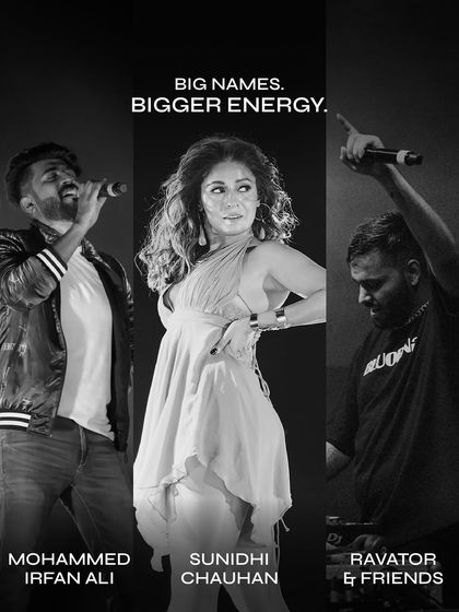 Big names, bigger energy. The artist lineup graphic for Thomso '24, featuring Mohammed Irfan Ali, Sunidhi Chauhan, and Ravator.