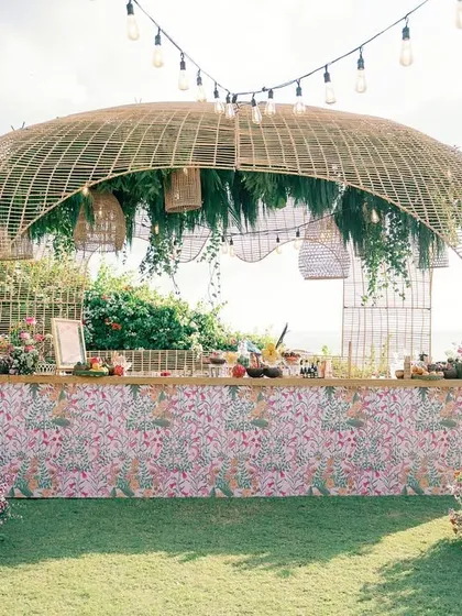 The bar for the 'Villa Brissa' mehendi in Bali was a unique parametric structure, organically sculpted from bamboo. This piece was a fusion of art and functionality, embodying the natural, handcrafted essence of Bali.