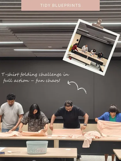 This is the T-shirt folding challenge in full action. I love incorporating fun, competitive activities into my workshops because it gets everyone laughing, engaged, and learning practical skills without even realizing it.