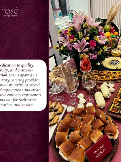 A vibrant spread of appetizers, including potato sliders and assorted canapés, at a private event. Our dedication to quality, creativity, and presentation sets us apart as a premier luxury catering provider.