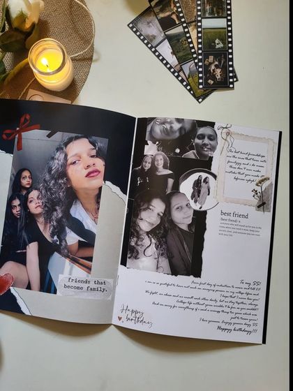 "Friends that become family." This spread from a birthday magazine includes a heartfelt message and a collage of black and white photos for a classic, timeless look.