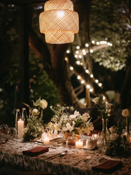 A beautifully set table at the welcome dinner. The printed tablecloth, white floral arrangements, and numerous candles created a cozy and inviting atmosphere under a canopy of trees.