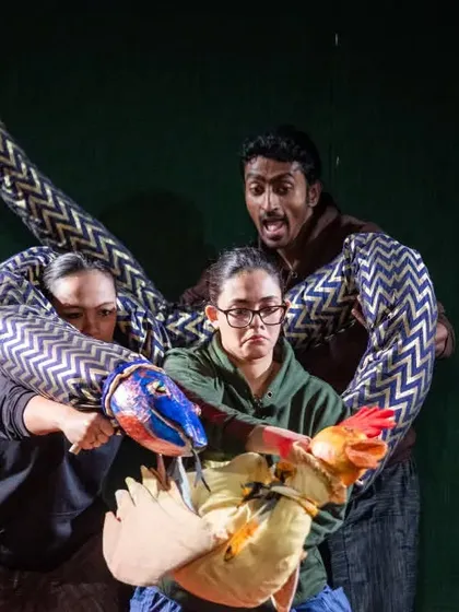 Experience the drama and artistry of our own production, 'Be Yourself'. In this powerful scene, puppeteers work together to create a tense encounter between a large, fabric snake and a small bird, showcasing dynamic storytelling through large-scale puppetry.