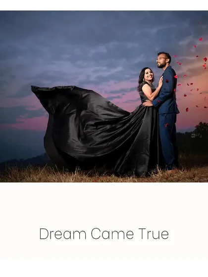 A dream come true for Akash and Priya. The drama of the flowing black gown against the vibrant sunset sky creates a powerful and cinematic image. This is for couples who dream of a bold, fairytale moment.