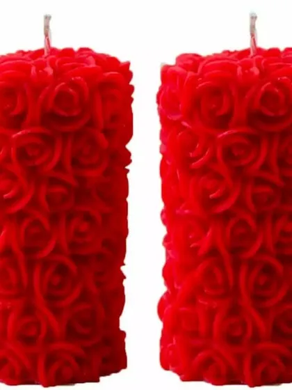 This is the larger version of my rose pillar candle, shown here in a striking red. It offers a longer burn time and a more prominent decorative impact.