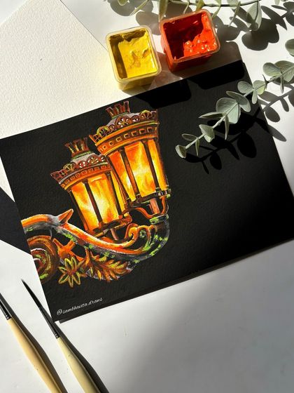 "Lights will guide you home." My detailed painting of a glowing antique lantern on black paper. This piece took a lot of patience but was so worth it.