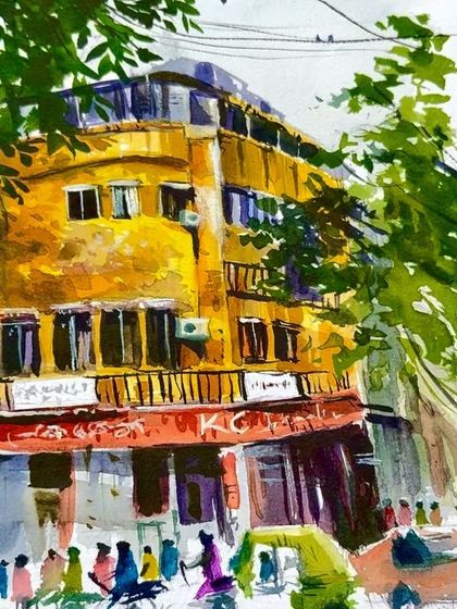 A close-up of my KC Das painting. I tried to capture the hustle and bustle of the street with loose, energetic brushstrokes.