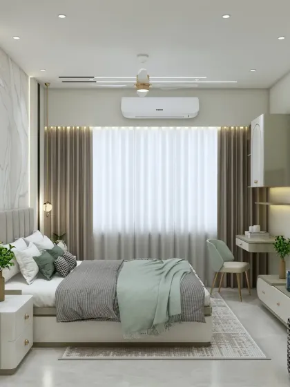 Your master bedroom should be your personal sanctuary. In this design, I've combined soft, muted tones with luxurious textures like the upholstered headboard and marble-finish wall panel. The integrated TV unit and study nook ensure the space is as functional as it is serene, perfect for unwinding after a long day.